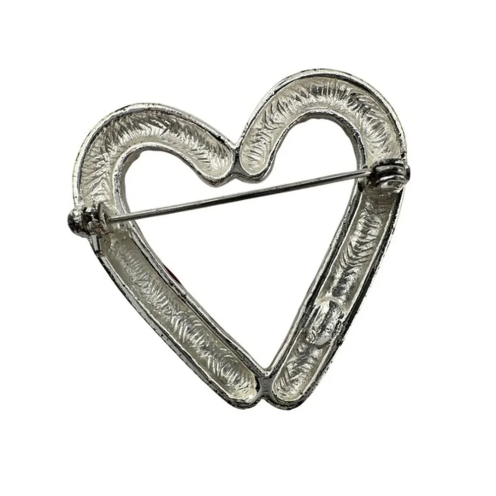 Candy Cane Heart Brooch Red White Glitter Enamel Holiday Pin‎ Silver Tone J-01